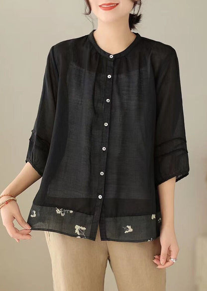 Black Print Patchwork Linen Top Stand Collar Wrinkled Button Summer