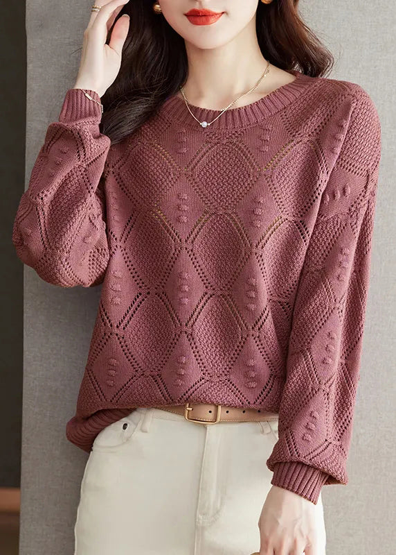 Brick Red O Neck Hollow Out Knitted Tops Fall