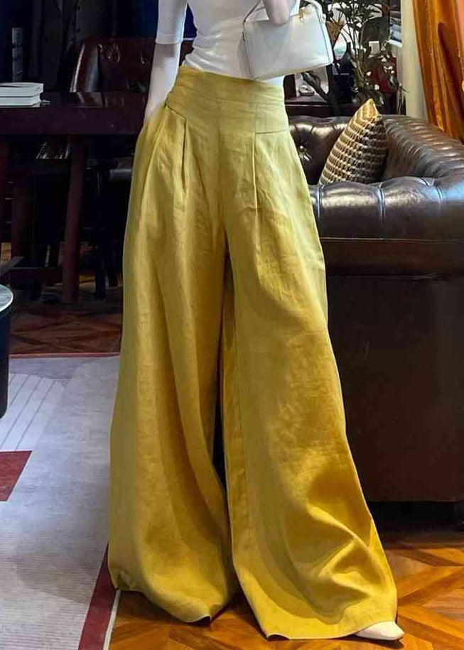 Yellow Pockets High Waist Linen Wide Leg Pants Summer
