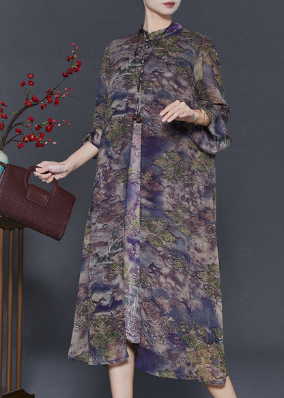 Purple Print Silk Fake Two Piece Dresses Bracelet Sleeve