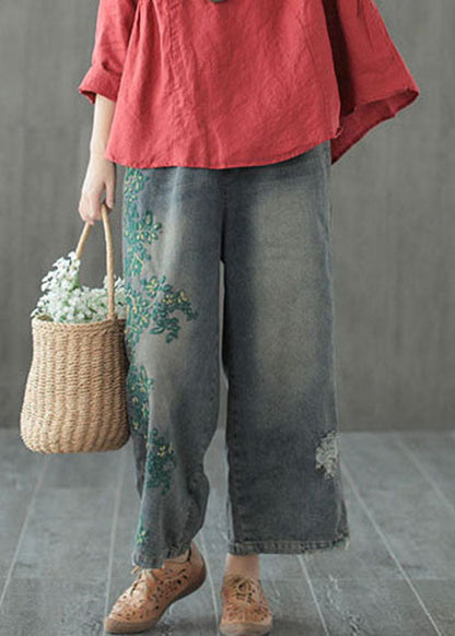 Blue Hole Embroidered Denim Cotton Wide Leg Pants Spring