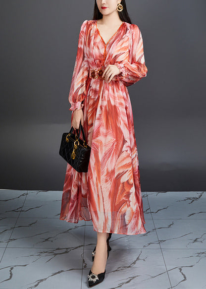 Green V Neck Print High Waist Chiffon Dress Butterfly Sleeve
