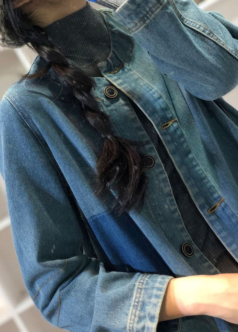 Loose Blue O-neck Button Patchwork Denim Coat Outwear Fall