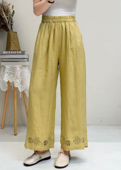 Italian White Embroidered Hollow Out Linen Wide Leg Pants Summer