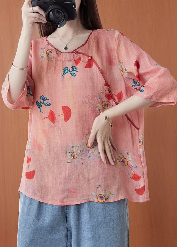 Light Green O-neck Print Linen Blouses Half Sleeve