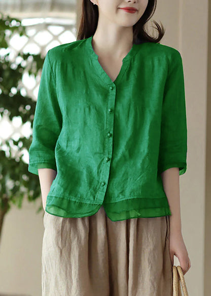 Blue V Neck Embroidered Ramie Shirt Half Sleeve