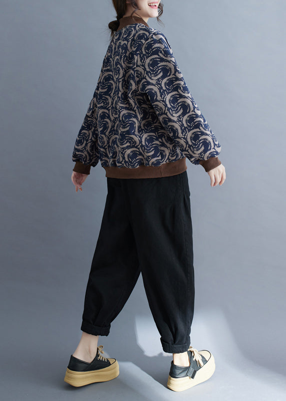 Navy Print Patchwork Warm Fleece Sweatshirt Top Spring