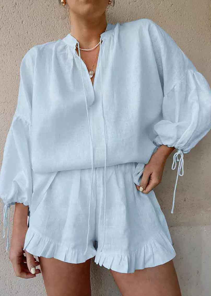 Light Blue Cotton Shirts and Shorts Two Piece Suit Lace Up Summer