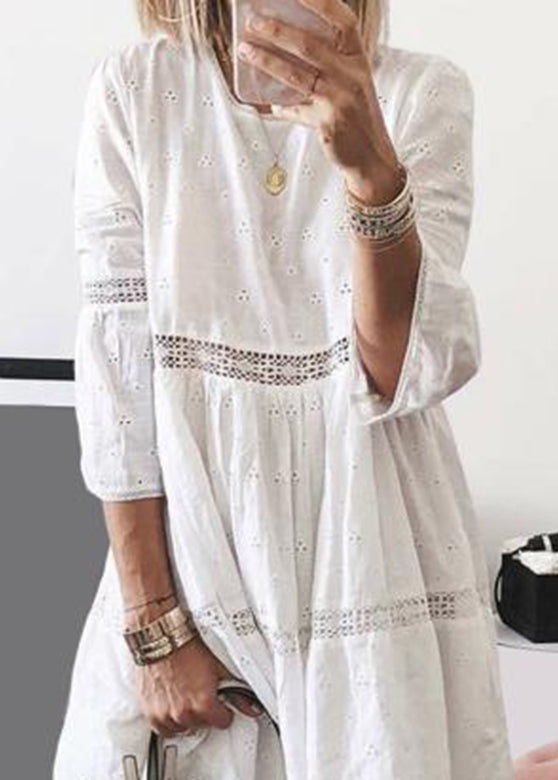 Yellow O-neck Hollow Out Long Dresses Bracelet Sleeve