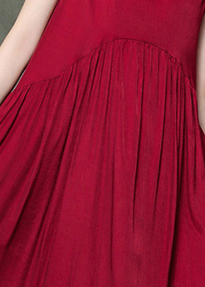 Wine Red-floral1 O-neck Wrinkled Long Dresses Sleeveless