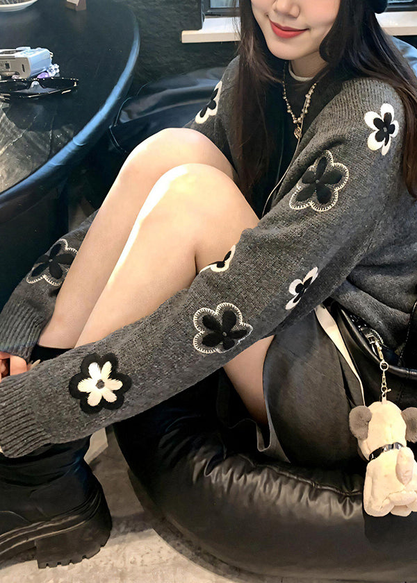 Grey O Neck Knit Sweater Tops Fall