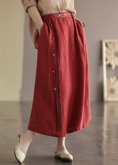 Red Wrinkled Embroidered Patchwork Cotton Skirts Summer