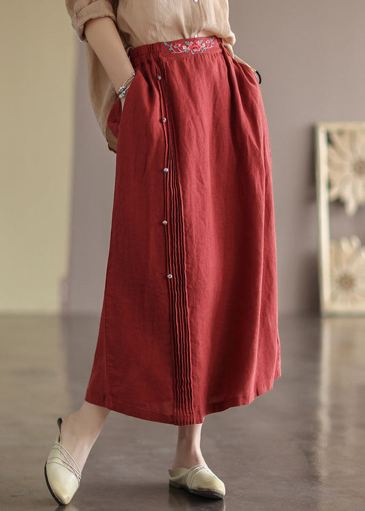 Red Wrinkled Embroidered Patchwork Cotton Skirts Summer