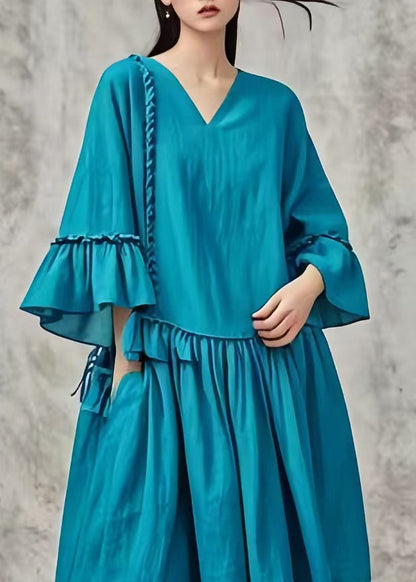 Peacock Blue Oversized Patchwork Cotton Maxi Dresses Fall