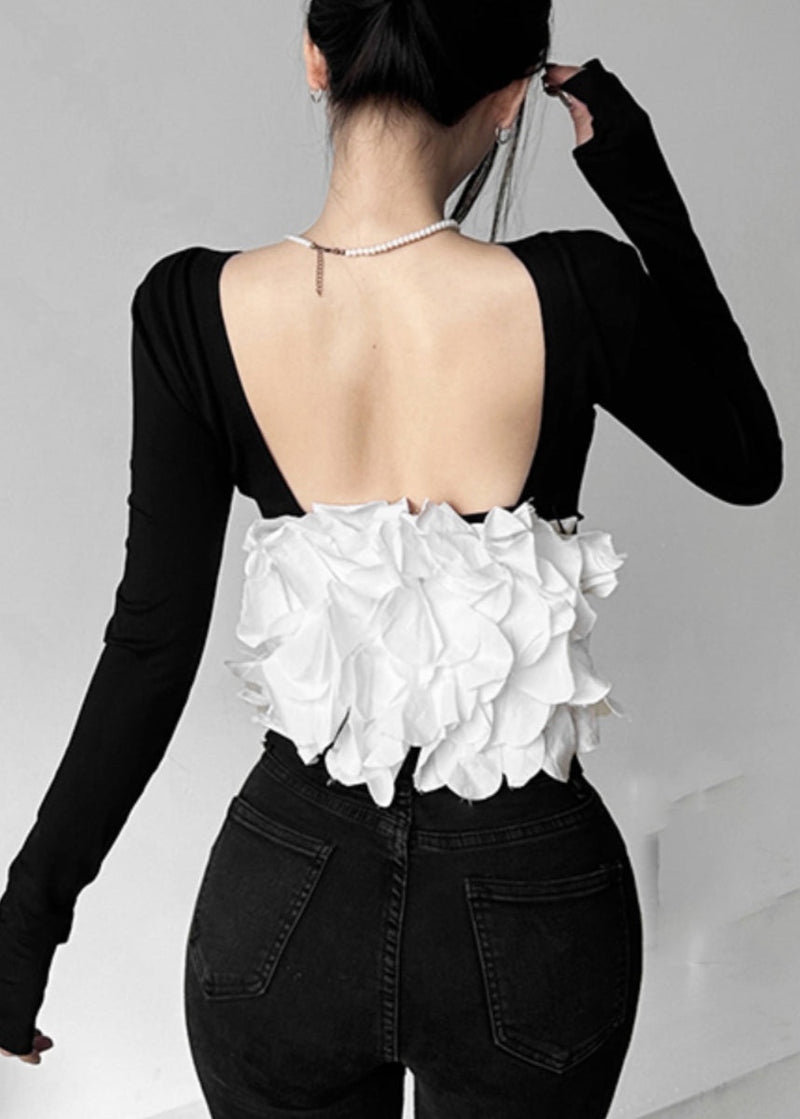 Black Patchwork Hollow Out Backless Top Fall