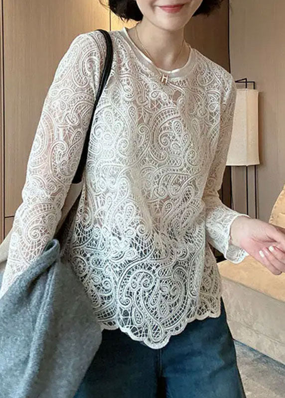 Italian Beige O-neck Hollow Out Lace Top Spring