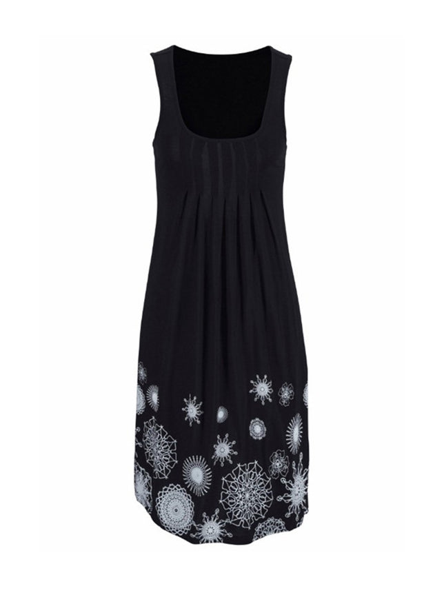 Loose Black O Neck Print Wrinkled Cotton Mid Dress Sleeveless