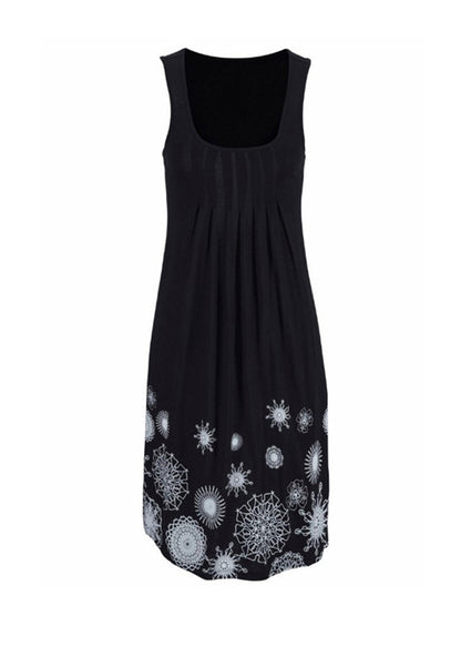 Loose Black O Neck Print Wrinkled Cotton Mid Dress Sleeveless