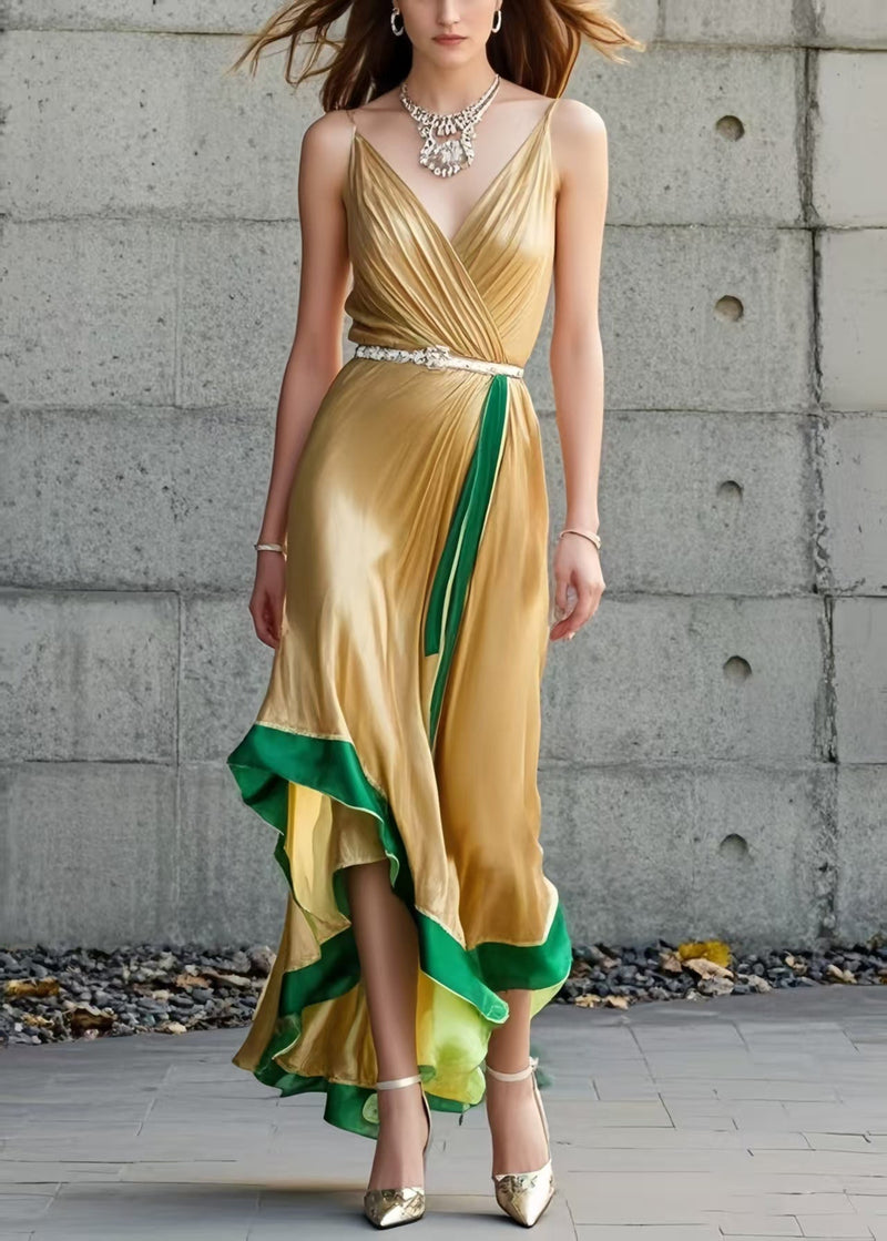 Organic Yellow Asymmetrical Patchwork Silk Spaghetti Strap Dress Summer