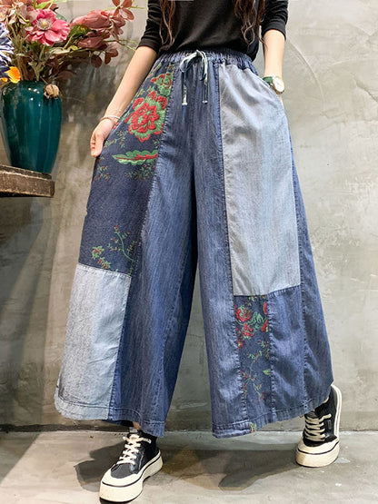 Color-block Bandage Embroidered Wide Leg Denim Pants