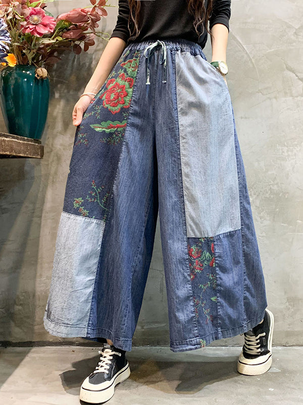 Color-block Bandage Embroidered Wide Leg Denim Pants