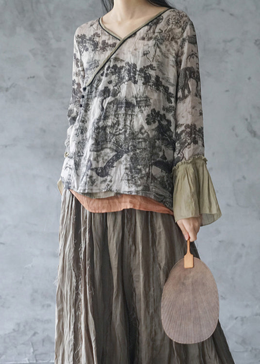 Grey V Neck Print Linen Shirt Tops Spring