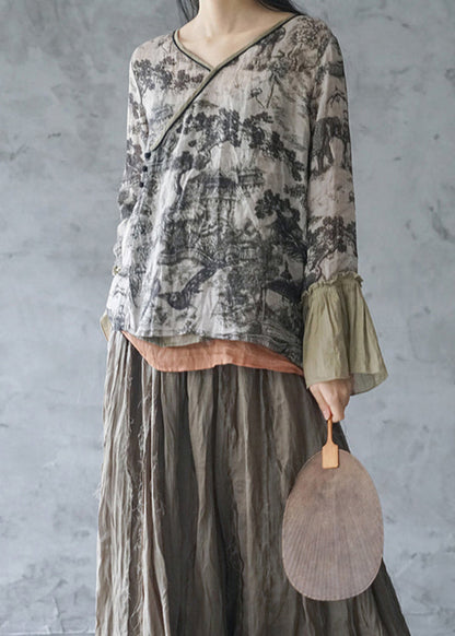 Grey V Neck Print Linen Shirt Tops Spring