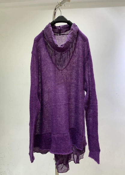 Purple Turtleneck Hollow Out Knit Sweaters Fall