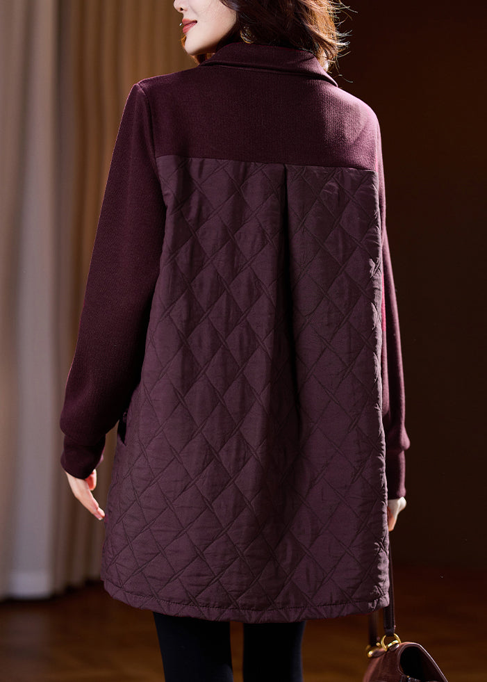 Wine Red Button Patchwork Cotton Filled Blouses Spring