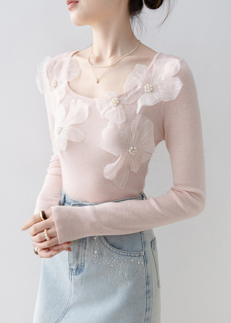 Slim Fit Pink O Neck Nail Bead Knit Top Spring