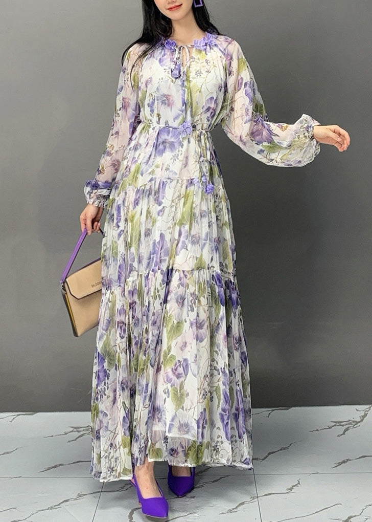 Purple Lace Up Print Chiffon Fall Long Dress