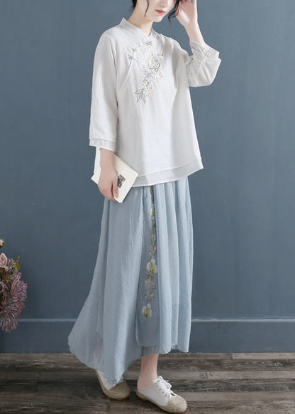 White Mandarin Collar Cotton Fake Two Piece Shirts Three Quarter Sleeve
