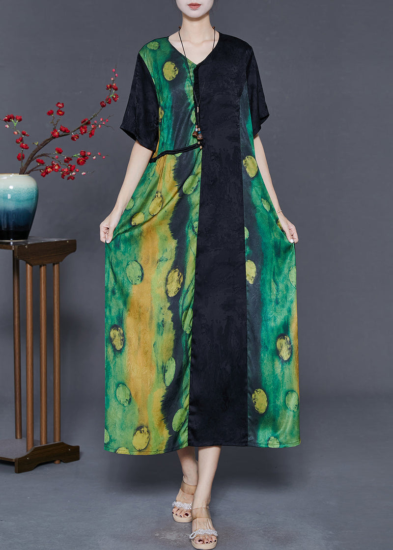 Green Oversized Patchwork Silk Long Dress Summer