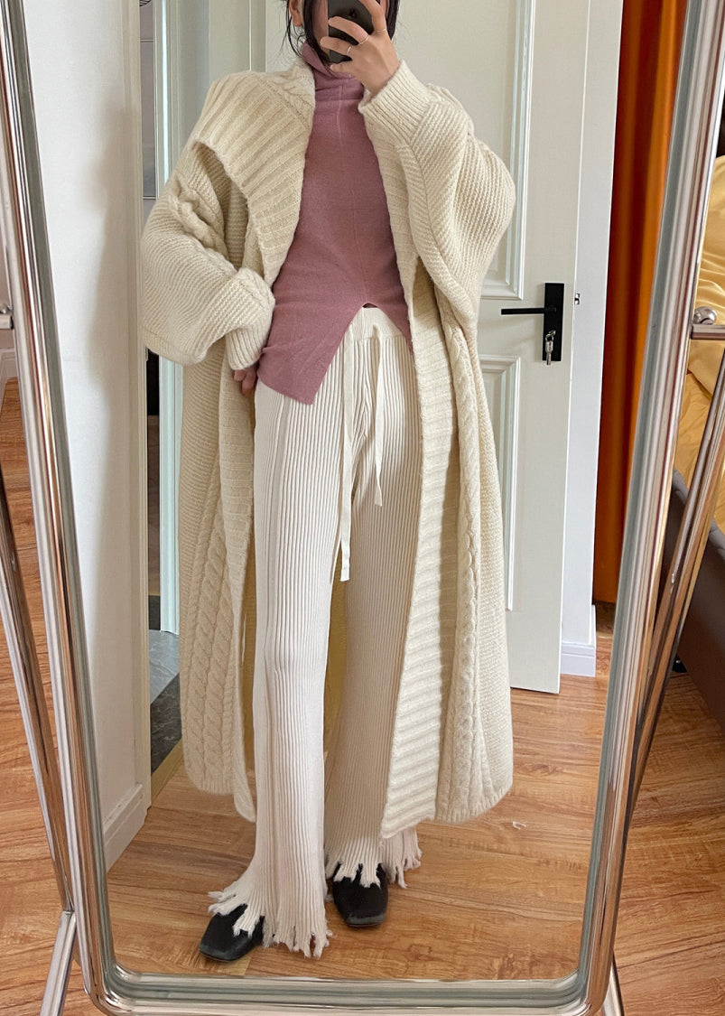 Beige Peter Pan Collar Cozy Cotton Knit Long Cardigan Long Sleeve