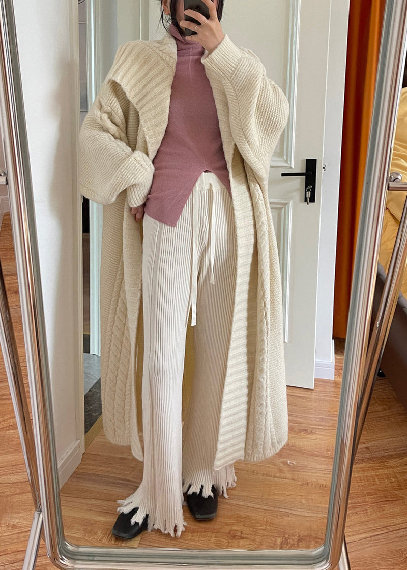 Beige Peter Pan Collar Cozy Cotton Knit Long Cardigan Long Sleeve