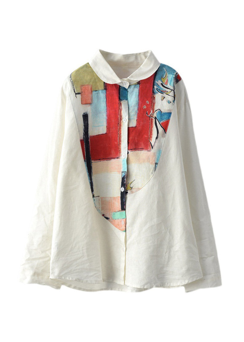 White Peter Pan Collar Print Button Linen Shirt Long Sleeve