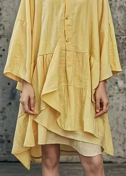 Handmade Yellow Asymmetrical Patchwork Cotton Mid Dress Summer