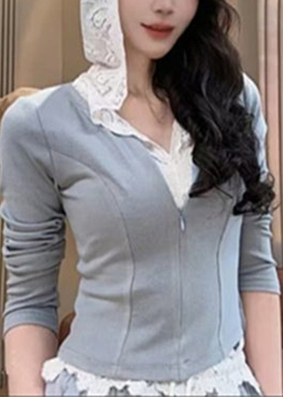 Grey Zippered Hooded Sweatshirt and Pants Two Pieces Set Spring