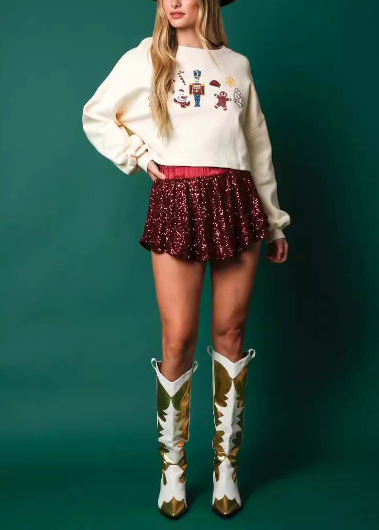Beige O Neck Sequins Cotton Short Sweatshirt Fall