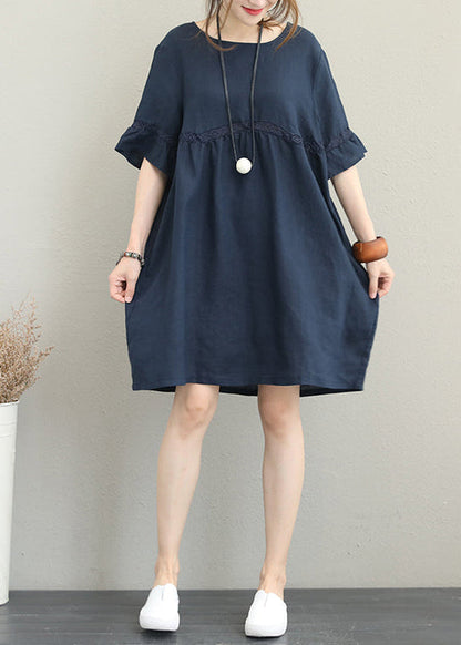 Fine Dark Blue Linen Knee Dress Oversized Linen Cotton Dress Boutique Flare Sleeve Lace Patchwork Linen Clothing Dress