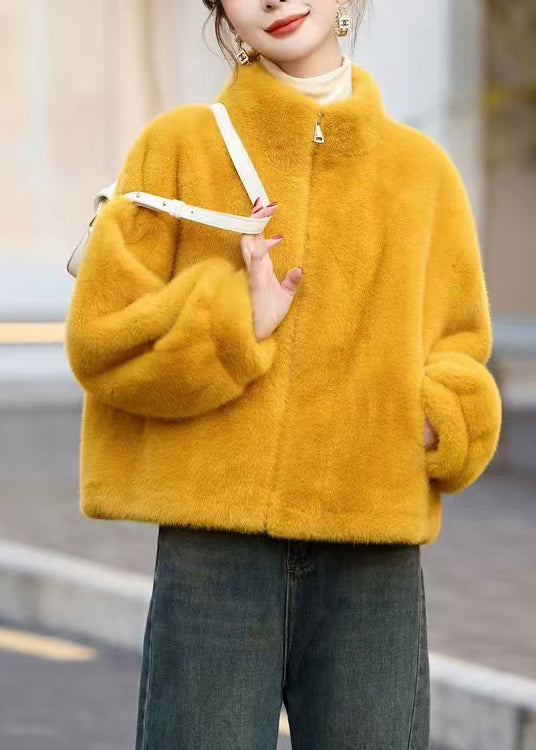 Yellow Stand Collar Zip Up Faux Fur Short Coats Winter