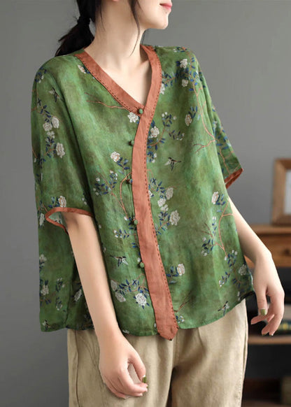 Green Print Ramie T Shirt Summer