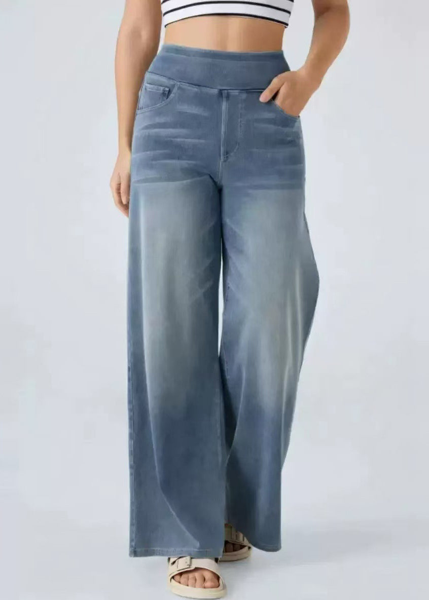 Light Blue Pockets Elastic Waist Denim Wide Leg Pants Summer