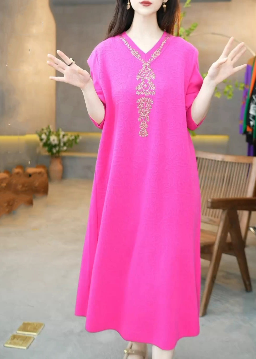 Rose V Neck Zircon Knit Long Dress Winter