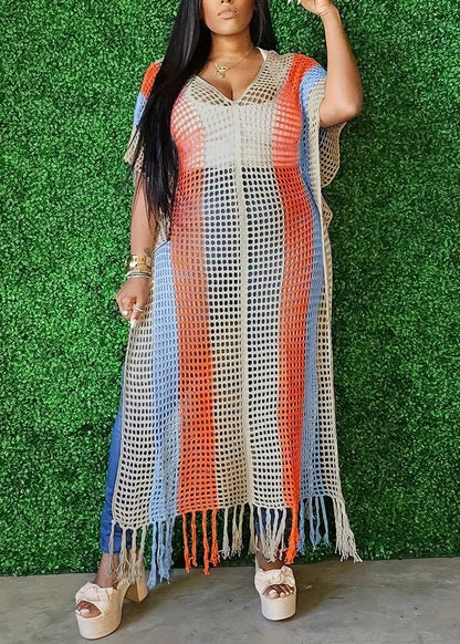 European and American White Tassel Hollow Out Knitted Dress Summer