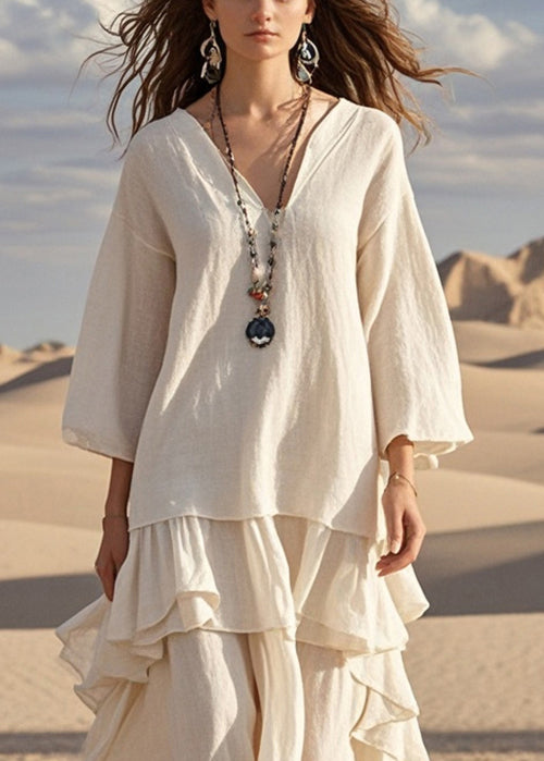 White Asymmetrical Exra Large Hem Cotton Dresses Bracelet Sleeve