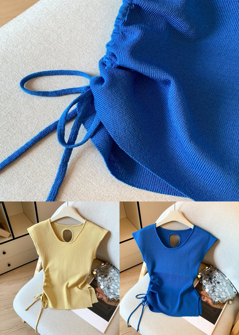 Yellow Cinched Side Open Knit T Shirt Hollow Out