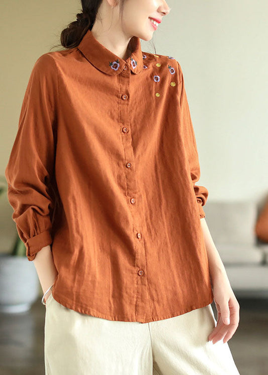 Diy Orange Turn-down Collar Embroidered Cotton Shirts Spring