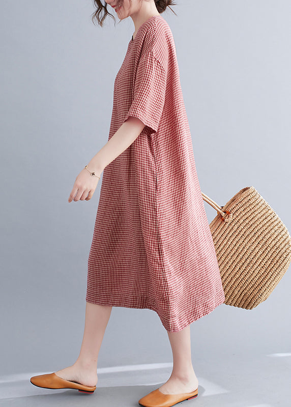 Red Oversized Plaid Linen a Line Dresses Summer