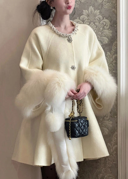 Beige Fur Collar Nail Bead Patchwork Woolen Trench Winter